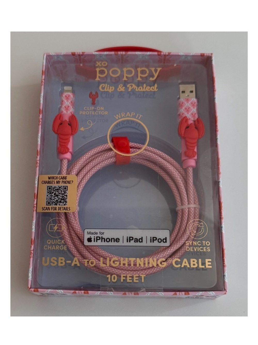 XO Poppy nwt pink lobster Clip & Protect USB-A to Lightning Cable 10 feet